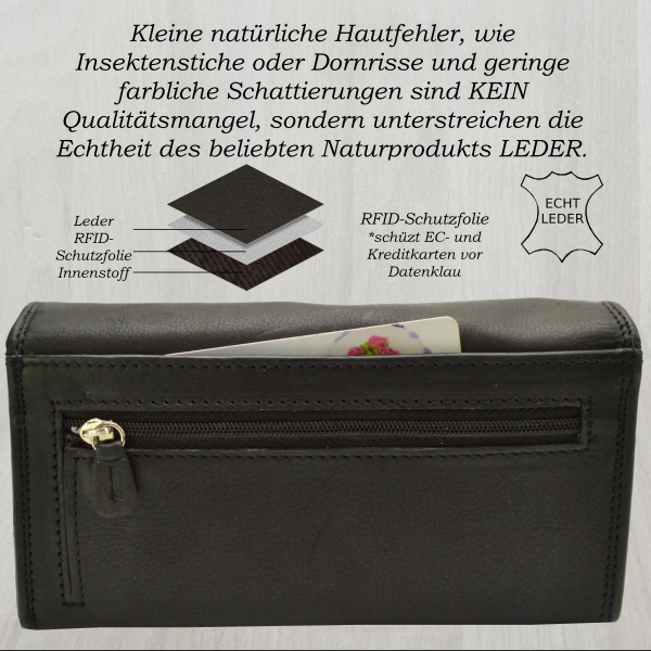 flevado Portemonnaie Schwarz Damen Leder Geldbörse Damenbrieftasche mit Klippfach RFID Schutz